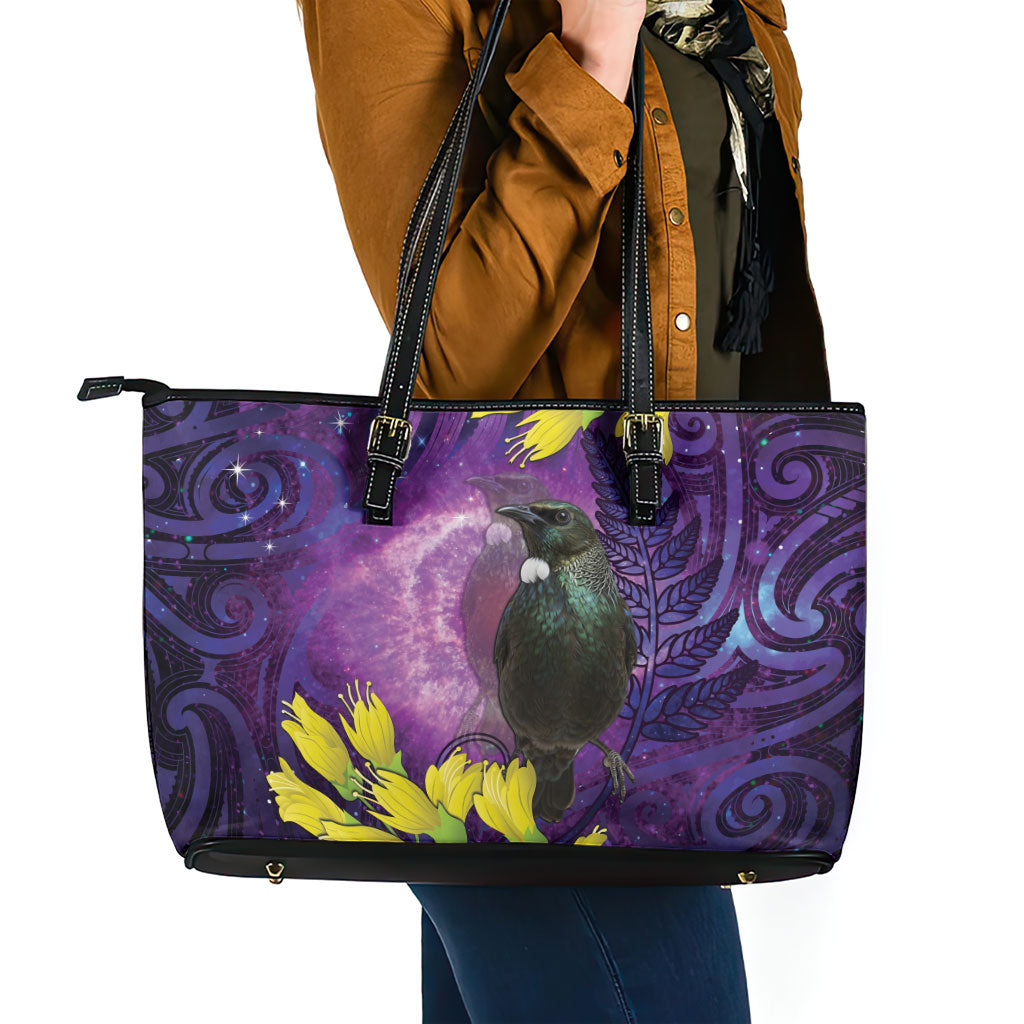 New Zealand Tui Bird Matariki Leather Tote Bag Kowhai Flower Silver Fern Galaxy Maori Pattern