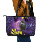 New Zealand Tui Bird Matariki Leather Tote Bag Kowhai Flower Silver Fern Galaxy Maori Pattern