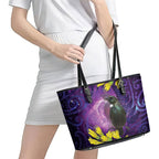 New Zealand Tui Bird Matariki Leather Tote Bag Kowhai Flower Silver Fern Galaxy Maori Pattern