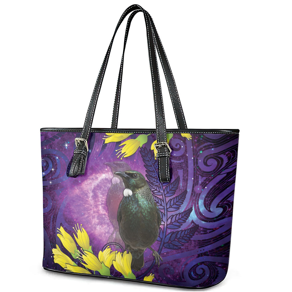 New Zealand Tui Bird Matariki Leather Tote Bag Kowhai Flower Silver Fern Galaxy Maori Pattern