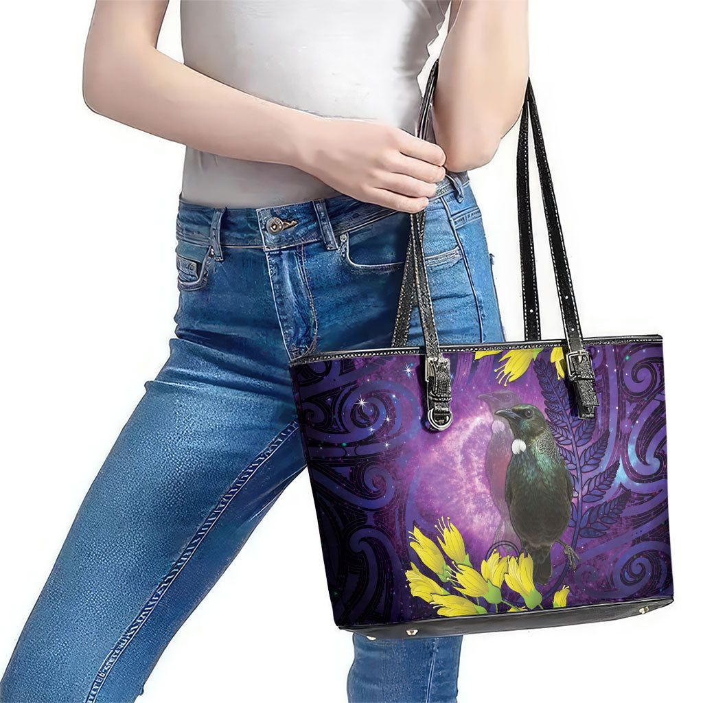 New Zealand Tui Bird Matariki Leather Tote Bag Kowhai Flower Silver Fern Galaxy Maori Pattern