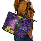 New Zealand Tui Bird Matariki Leather Tote Bag Kowhai Flower Silver Fern Galaxy Maori Pattern