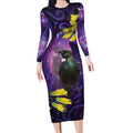 New Zealand Tui Bird Matariki Long Sleeve Bodycon Dress Kowhai Flower Silver Fern Galaxy Maori Pattern