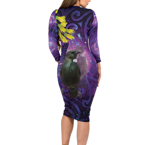 New Zealand Tui Bird Matariki Long Sleeve Bodycon Dress Kowhai Flower Silver Fern Galaxy Maori Pattern