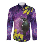 New Zealand Tui Bird Matariki Long Sleeve Button Shirt Kowhai Flower Silver Fern Galaxy Maori Pattern