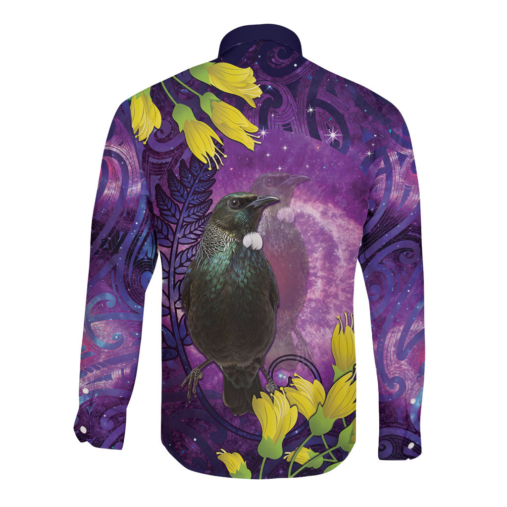 New Zealand Tui Bird Matariki Long Sleeve Button Shirt Kowhai Flower Silver Fern Galaxy Maori Pattern