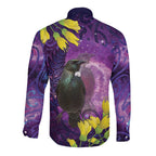 New Zealand Tui Bird Matariki Long Sleeve Button Shirt Kowhai Flower Silver Fern Galaxy Maori Pattern
