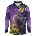 New Zealand Tui Bird Matariki Long Sleeve Polo Shirt Kowhai Flower Silver Fern Galaxy Maori Pattern