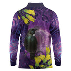New Zealand Tui Bird Matariki Long Sleeve Polo Shirt Kowhai Flower Silver Fern Galaxy Maori Pattern