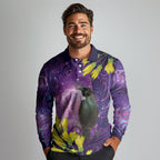 New Zealand Tui Bird Matariki Long Sleeve Polo Shirt Kowhai Flower Silver Fern Galaxy Maori Pattern