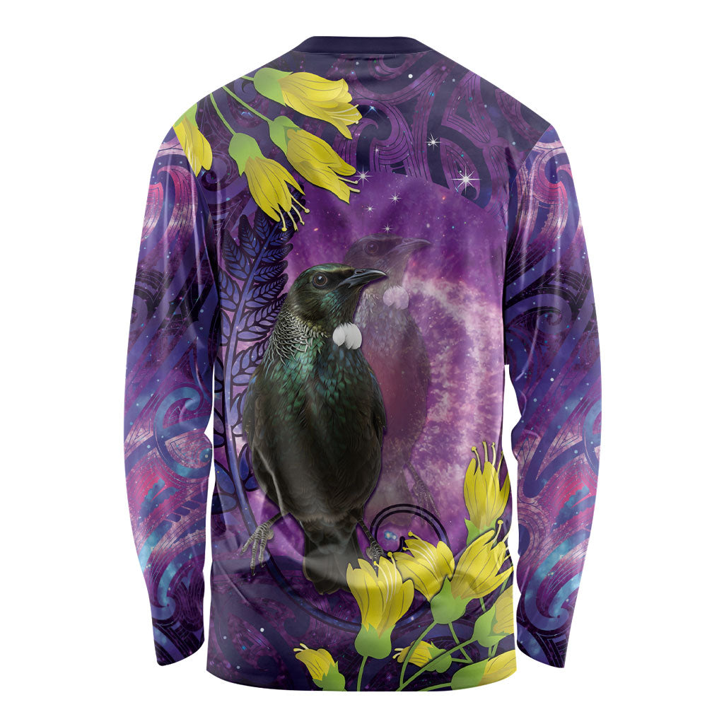 New Zealand Tui Bird Matariki Long Sleeve Shirt Kowhai Flower Silver Fern Galaxy Maori Pattern