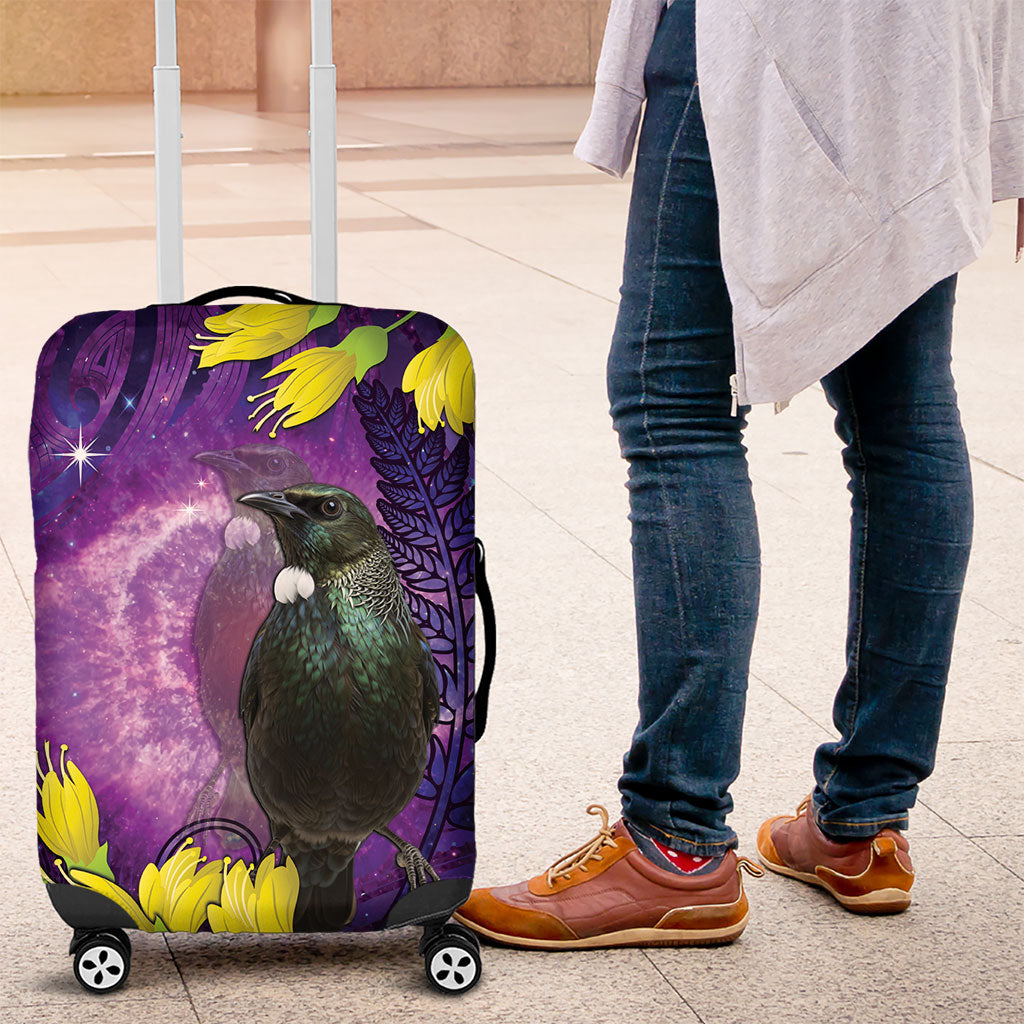 New Zealand Tui Bird Matariki Luggage Cover Kowhai Flower Silver Fern Galaxy Maori Pattern