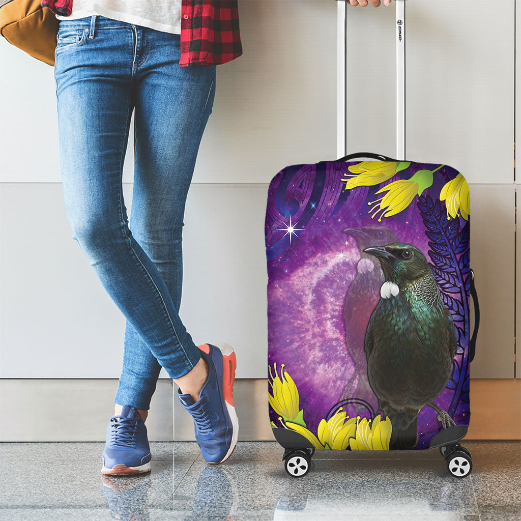 New Zealand Tui Bird Matariki Luggage Cover Kowhai Flower Silver Fern Galaxy Maori Pattern