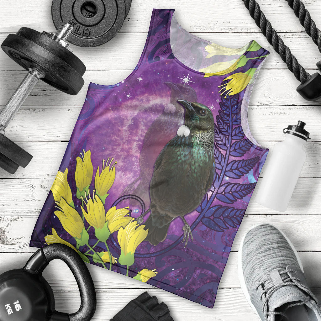 New Zealand Tui Bird Matariki Men Tank Top Kowhai Flower Silver Fern Galaxy Maori Pattern