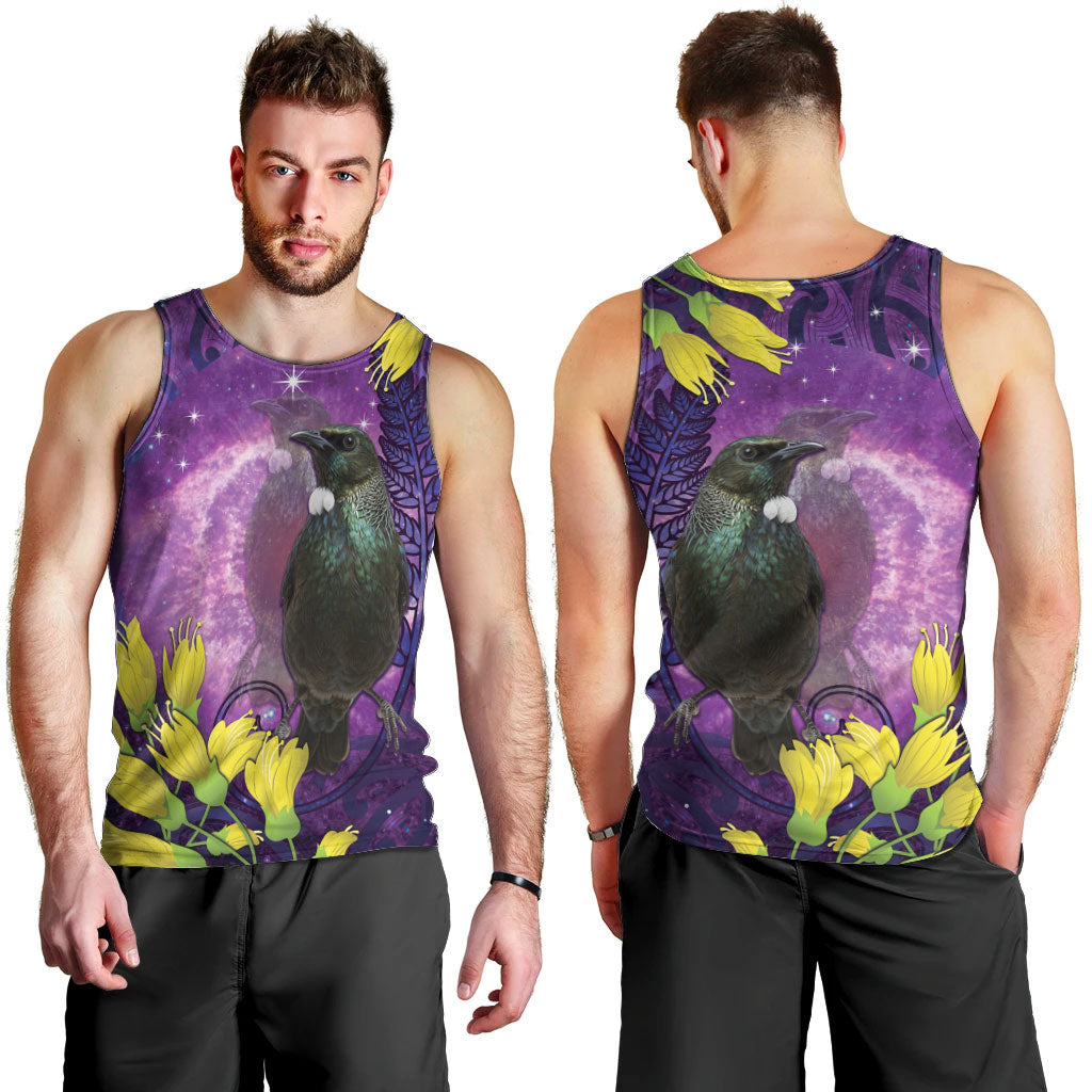 New Zealand Tui Bird Matariki Men Tank Top Kowhai Flower Silver Fern Galaxy Maori Pattern
