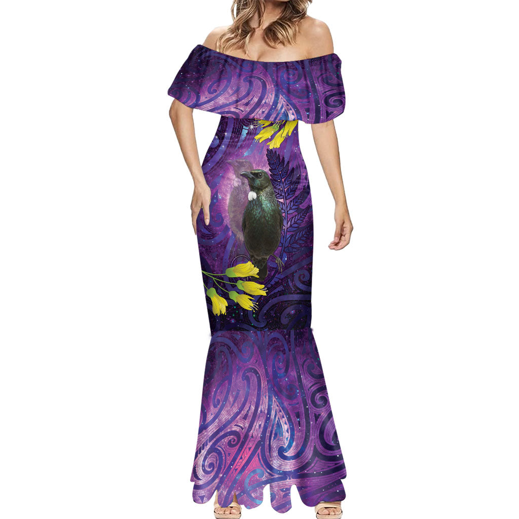 New Zealand Tui Bird Matariki Mermaid Dress Kowhai Flower Silver Fern Galaxy Maori Pattern