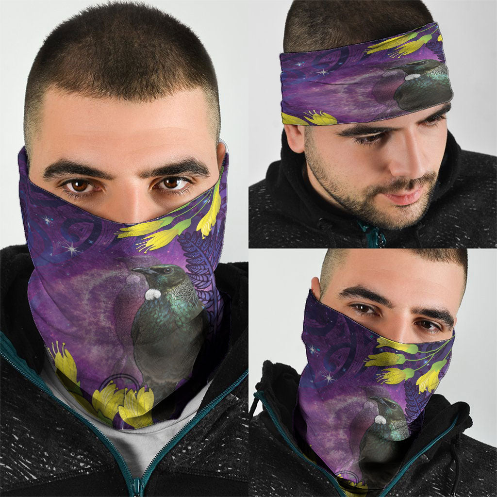 New Zealand Tui Bird Matariki Neck Gaiter Kowhai Flower Silver Fern Galaxy Maori Pattern