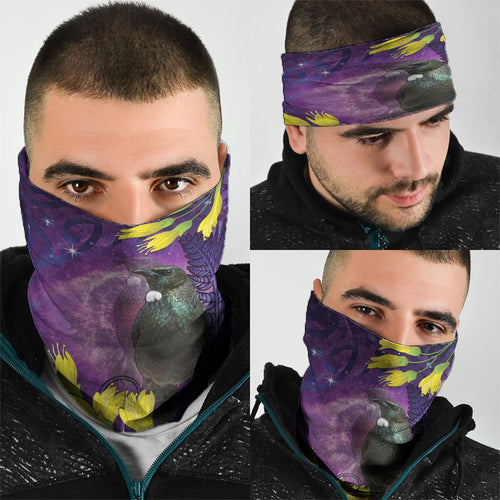 New Zealand Tui Bird Matariki Neck Gaiter Kowhai Flower Silver Fern Galaxy Maori Pattern