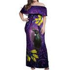 New Zealand Tui Bird Matariki Off Shoulder Maxi Dress Kowhai Flower Silver Fern Galaxy Maori Pattern