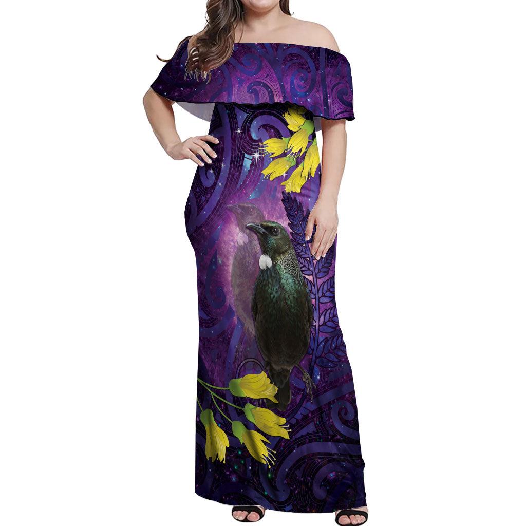 New Zealand Tui Bird Matariki Off Shoulder Maxi Dress Kowhai Flower Silver Fern Galaxy Maori Pattern
