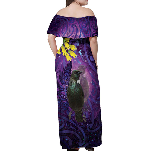 New Zealand Tui Bird Matariki Off Shoulder Maxi Dress Kowhai Flower Silver Fern Galaxy Maori Pattern