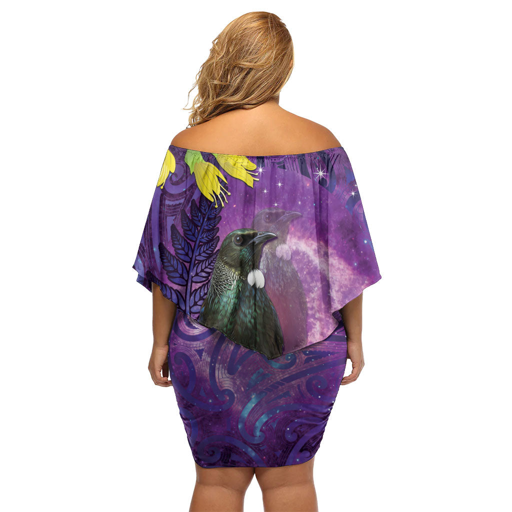 New Zealand Tui Bird Matariki Off Shoulder Short Dress Kowhai Flower Silver Fern Galaxy Maori Pattern