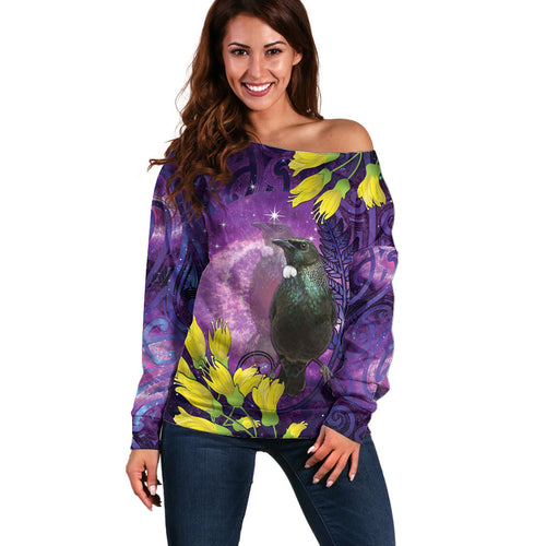 New Zealand Tui Bird Matariki Off Shoulder Sweater Kowhai Flower Silver Fern Galaxy Maori Pattern