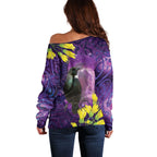 New Zealand Tui Bird Matariki Off Shoulder Sweater Kowhai Flower Silver Fern Galaxy Maori Pattern