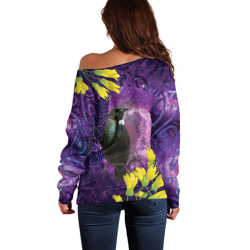 New Zealand Tui Bird Matariki Off Shoulder Sweater Kowhai Flower Silver Fern Galaxy Maori Pattern