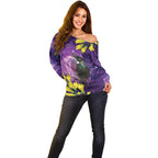 New Zealand Tui Bird Matariki Off Shoulder Sweater Kowhai Flower Silver Fern Galaxy Maori Pattern