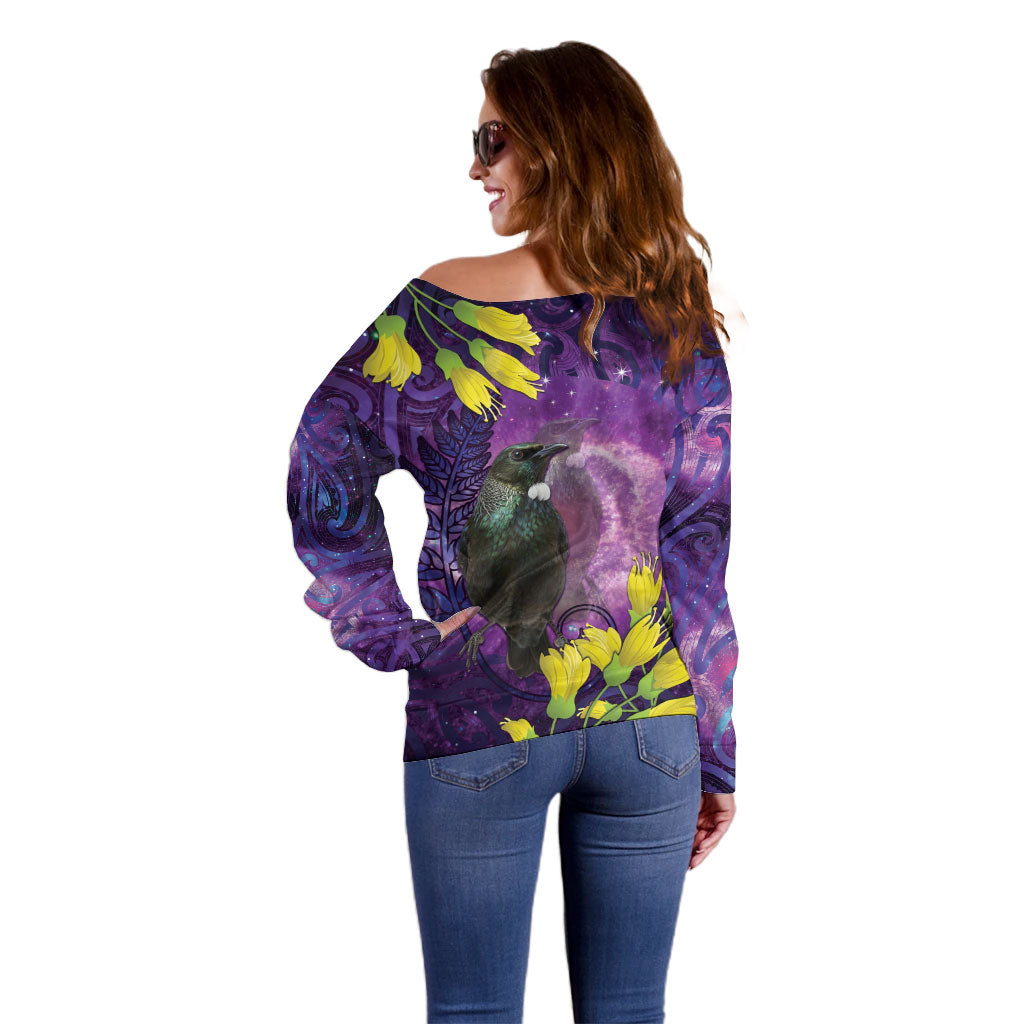 New Zealand Tui Bird Matariki Off Shoulder Sweater Kowhai Flower Silver Fern Galaxy Maori Pattern