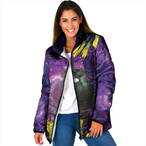 New Zealand Tui Bird Matariki Padded Jacket Kowhai Flower Silver Fern Galaxy Maori Pattern