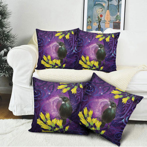 New Zealand Tui Bird Matariki Pillow Cover Kowhai Flower Silver Fern Galaxy Maori Pattern