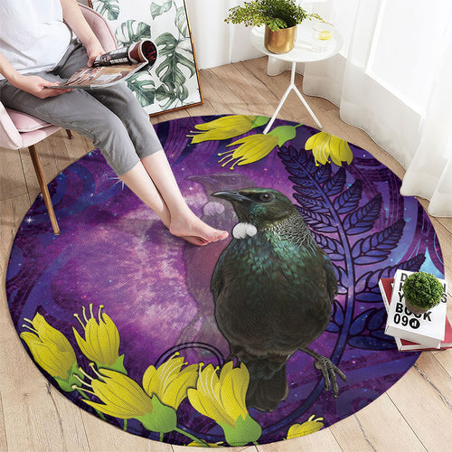 New Zealand Tui Bird Matariki Round Carpet Kowhai Flower Silver Fern Galaxy Maori Pattern