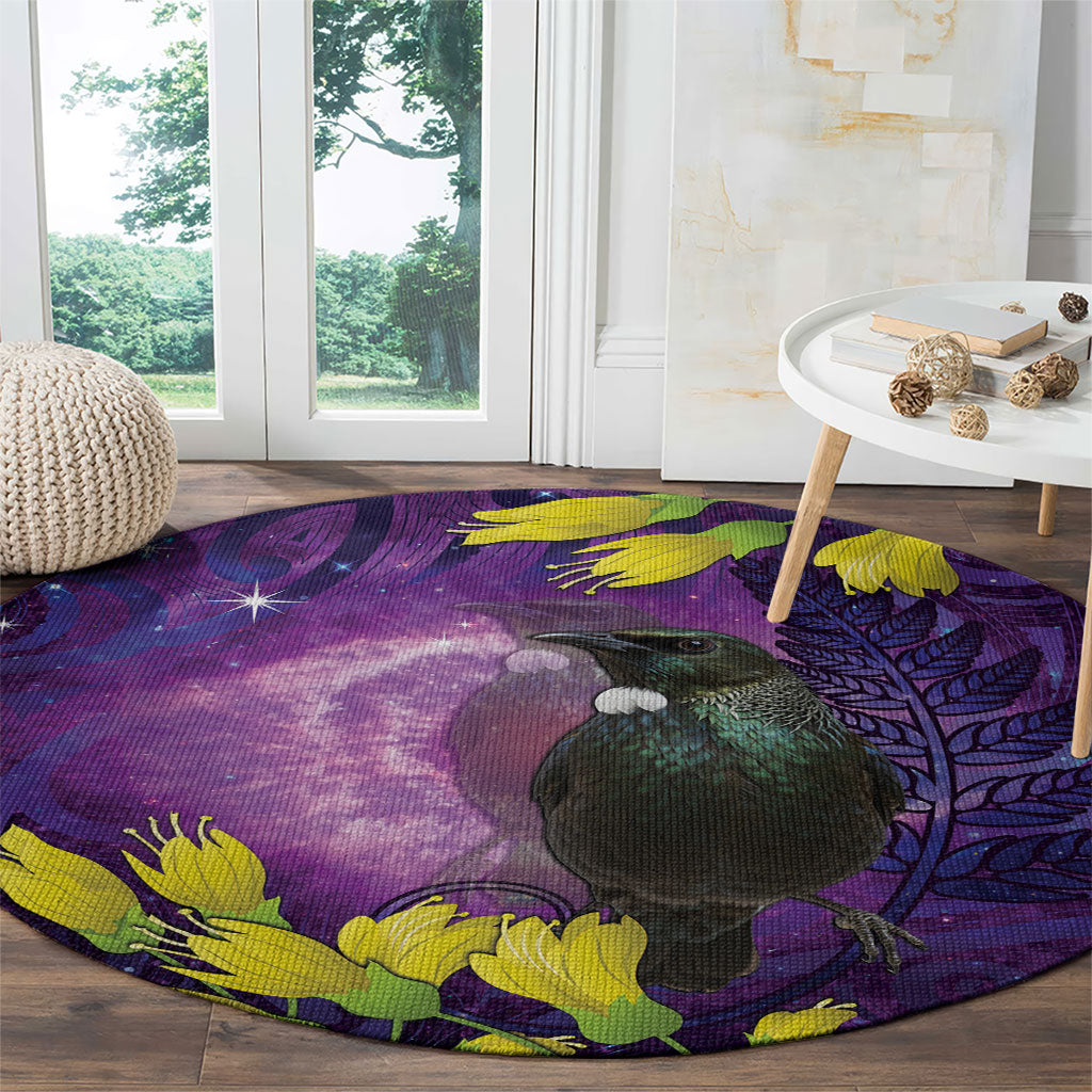 New Zealand Tui Bird Matariki Round Carpet Kowhai Flower Silver Fern Galaxy Maori Pattern