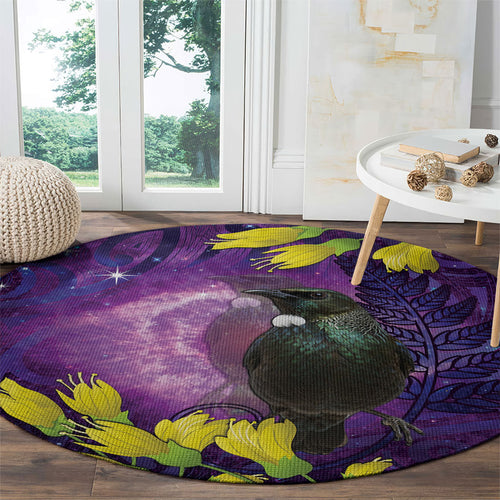 New Zealand Tui Bird Matariki Round Carpet Kowhai Flower Silver Fern Galaxy Maori Pattern