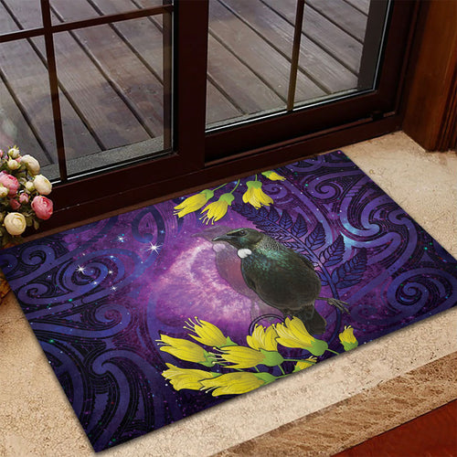 New Zealand Tui Bird Matariki Rubber Doormat Kowhai Flower Silver Fern Galaxy Maori Pattern