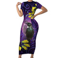 New Zealand Tui Bird Matariki Short Sleeve Bodycon Dress Kowhai Flower Silver Fern Galaxy Maori Pattern