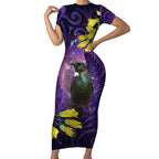 New Zealand Tui Bird Matariki Short Sleeve Bodycon Dress Kowhai Flower Silver Fern Galaxy Maori Pattern