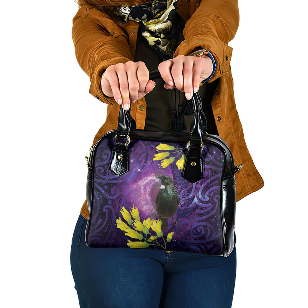 New Zealand Tui Bird Matariki Shoulder Handbag Kowhai Flower Silver Fern Galaxy Maori Pattern