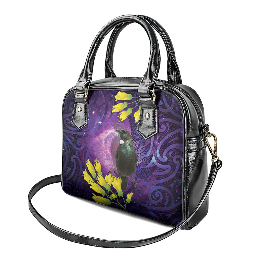 New Zealand Tui Bird Matariki Shoulder Handbag Kowhai Flower Silver Fern Galaxy Maori Pattern