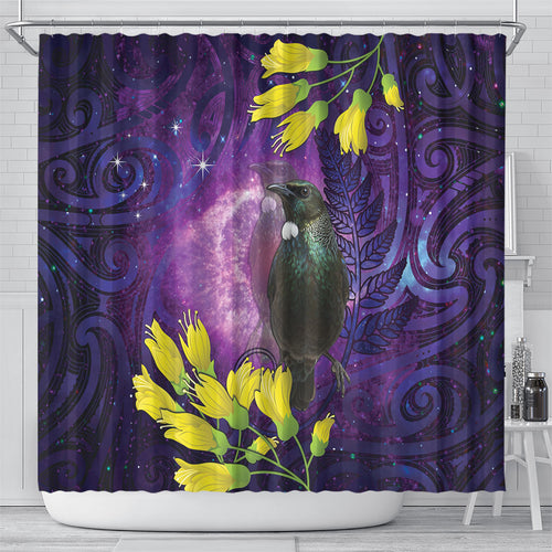 New Zealand Tui Bird Matariki Shower Curtain Kowhai Flower Silver Fern Galaxy Maori Pattern