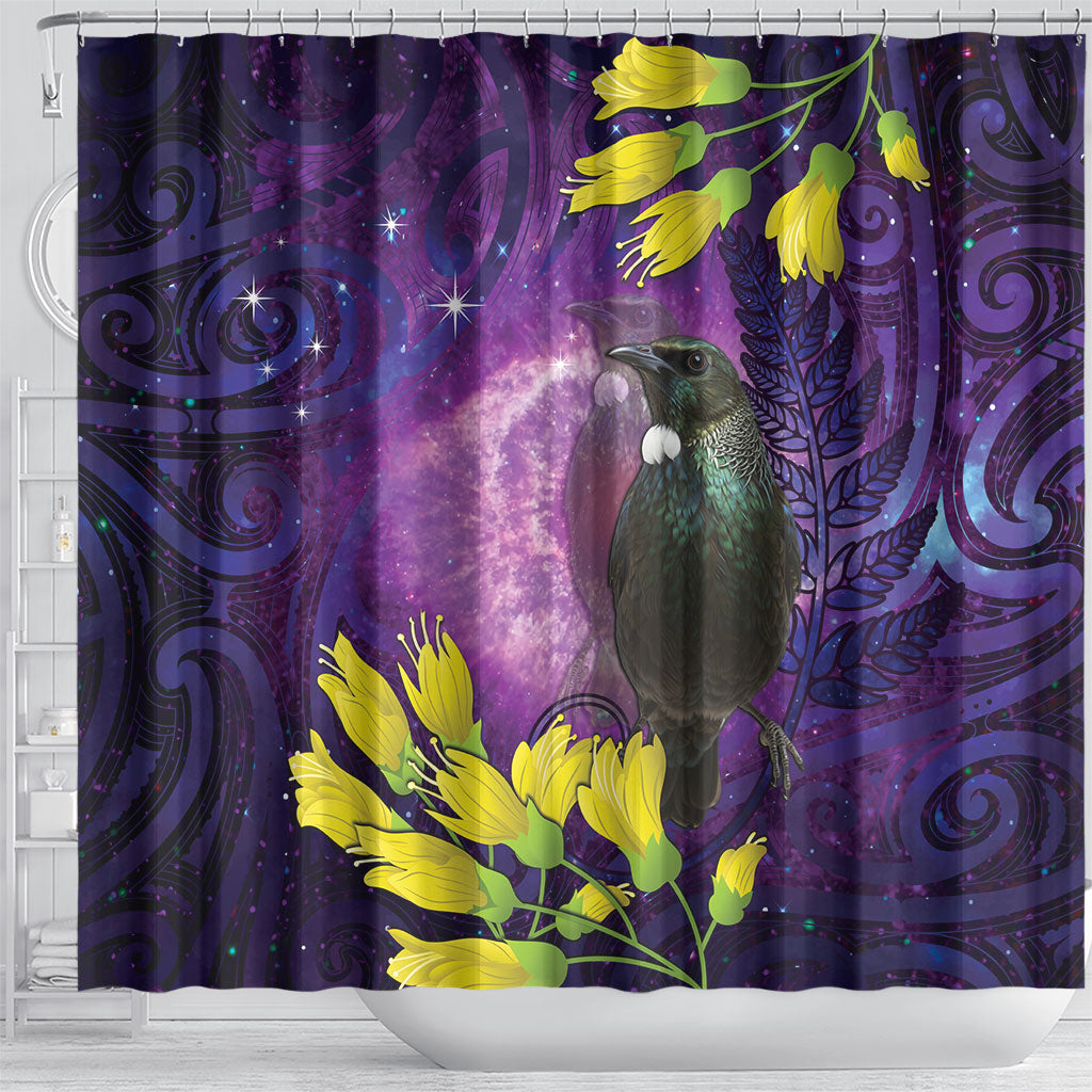 New Zealand Tui Bird Matariki Shower Curtain Kowhai Flower Silver Fern Galaxy Maori Pattern