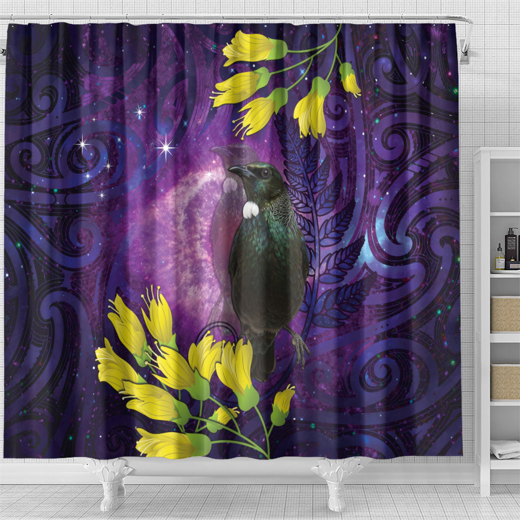 New Zealand Tui Bird Matariki Shower Curtain Kowhai Flower Silver Fern Galaxy Maori Pattern