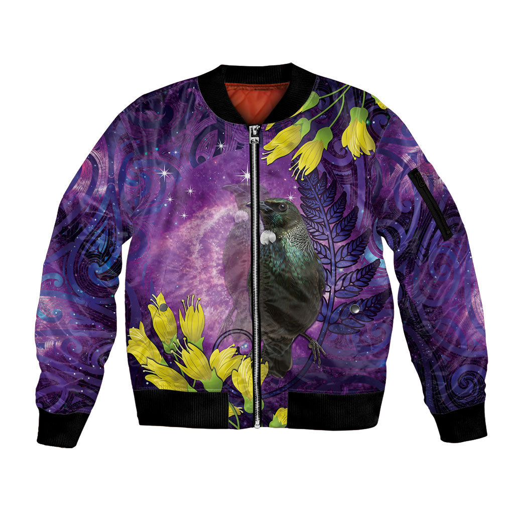 New Zealand Tui Bird Matariki Sleeve Zip Bomber Jacket Kowhai Flower Silver Fern Galaxy Maori Pattern