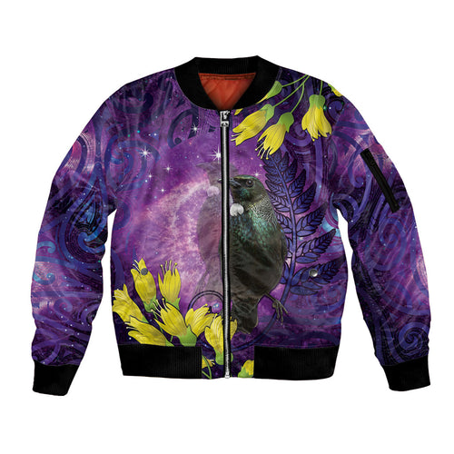 New Zealand Tui Bird Matariki Sleeve Zip Bomber Jacket Kowhai Flower Silver Fern Galaxy Maori Pattern
