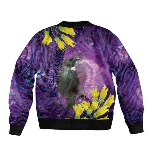 New Zealand Tui Bird Matariki Sleeve Zip Bomber Jacket Kowhai Flower Silver Fern Galaxy Maori Pattern