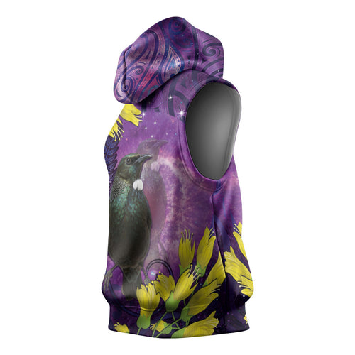 New Zealand Tui Bird Matariki Sleeveless Hoodie Kowhai Flower Silver Fern Galaxy Maori Pattern