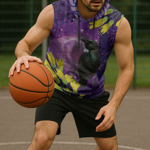 New Zealand Tui Bird Matariki Sleeveless Hoodie Kowhai Flower Silver Fern Galaxy Maori Pattern