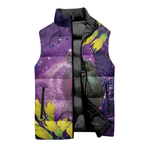 New Zealand Tui Bird Matariki Sleeveless Puffer Jacket Kowhai Flower Silver Fern Galaxy Maori Pattern